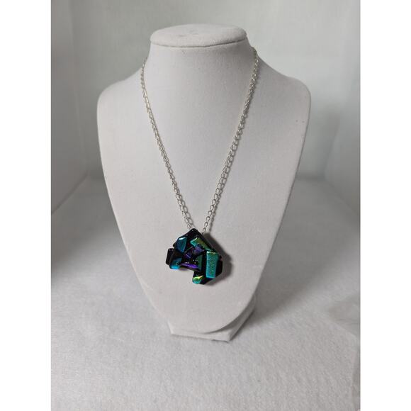 Dichroic fused glass pendant/pin Abstract design handmade 25" pendant to clasp - Picture 3 of 6